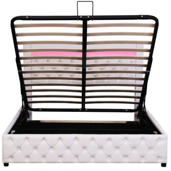Cama Contenedor Tapizada De Piel Sintética Con Led 160x200cm Con Somier Blanco