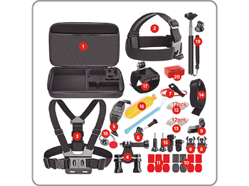 Pack de accesorios 20 en 1 - SK8 Cam, Para cámara deportiva, Negro