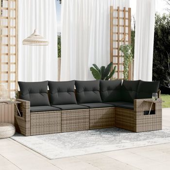 Conjunto De Sofás Jardín Con Cojines 5 Uds | Mueble Jardin Mesa Y Sillas Ratán Sintético Gris Cfw895102