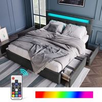 cama doble acolchada 140 x 200 cm con cabecero ajustable y 4 cajones - led - lino gris