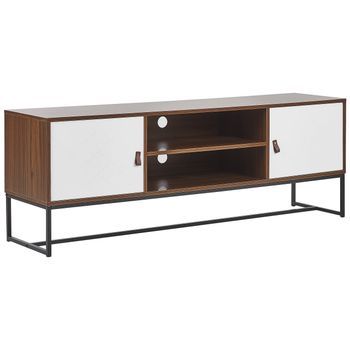 Soporte Para Tv Madera Oscura Con Patas De Metal Blanco Para Tv De Hasta 75ʺ Unidad Multimedia Estantes Puertas Gestión De Cables Nueva