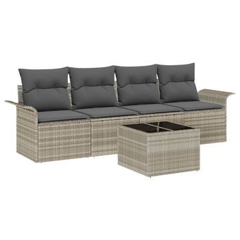 Juego De Sofá Con Cojín 5 Piezas | Mueble De Jardín Gris Claro Ratán Sintético