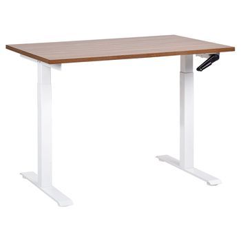 Escritorio De Altura Regulable Manualmente Oficina Moderna Patas Cuadradas  120 X 72 Cm Tablero Madera Oscura Soporte De Acero Blanco Destines