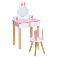 conjunto de tocador infantil con espejo silla y un cajon motivo conejo rosa lenah