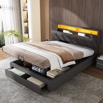 Cama Doble Tapizada Hidráulica Con Iluminación Led, Cofre, Cajones Y Almacenamiento, Cabecero Retráctil De Lino, 140x200 Cm, Gris