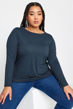 Yours Camiseta Azul Marino Con Manga Larga, Mujer Curvy Y Tallas Grandes, Yours