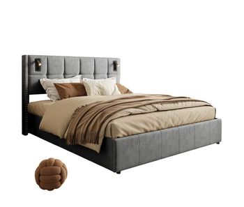 Cama tapizada (140x200 cm), somier de láminas, somier hidráulico con lámpara de lectura, cama doble con canapé, funda de terciopelo, color gris