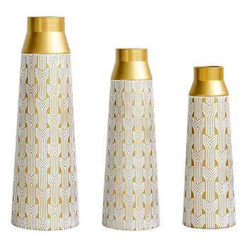 Set de 3 jarrones de suelo de metal dorado, diseño geométrico