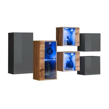 Conjunto De Muebles De Salón Switch Sbiv Diseño. Colores Gris Y Roble.