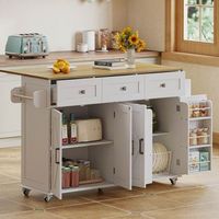 isla de cocina estilo granero con encimera plegable estantes en la puerta color blanco