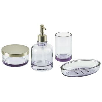 Conjunto De 4 Accesorios De Baño De Vidrio Violeta Plateado Dispensador Jabonera Portacepillos Recipiente Glamour Telma