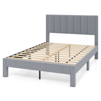 Costway Cama de Plataforma Tapizada con Cabecero de Tela de Terciopelo Suave y Soporte de Lamas de Madera No Necesita Somier 211 x 141 x 109 cm Gris