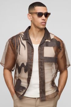 Camisa Oversize Recta De Manga Corta Y Organdí Con Apliques, Brown