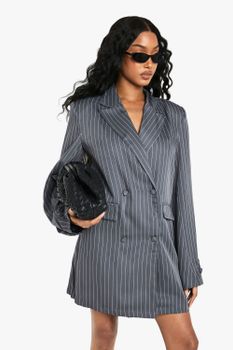 Americana Oversize De Tela Con Rayas Y Bolsillos Frontales, Gris