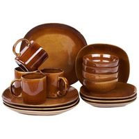 conjunto de 16 piezas de gres marron dorado 4 personas esmalte reactivo turmeric