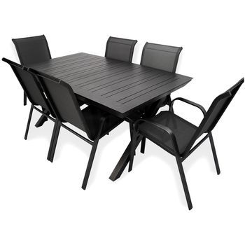 Conjunto De Exterior, Mesa Jardín Extensible 170 A 240 Cm Y 6 Sillones Apilables Con Respaldo De 96 Cm, Aluminio Color Antracita, 6 Plazas, Juego De Sillas Y Mesa Para Jardín, Comedor De Terraza