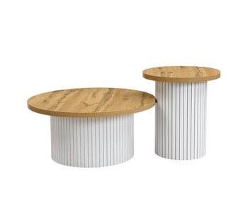 Mesa de centro doble - redonda, multifuncional, listones de madera natural - natural
