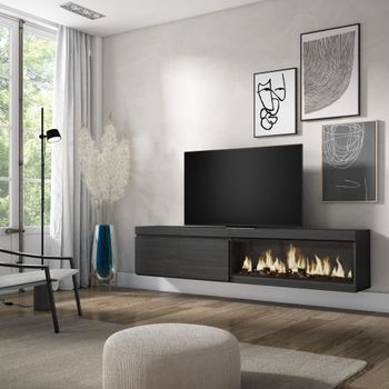Mueble tv efecto madera negro 208x35x45cm chimenea efecto fuego