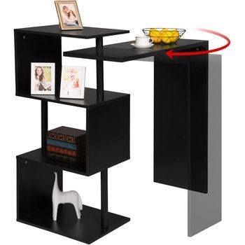 Mesa De Bar Giratoria Con 3 Estantes. Mesa De Bistró De Metal Y Mdf, 134x38x112cm. Negra.