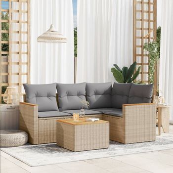 Conjunto De Sofás Jardín Con Cojines Beige Mezcla 5 Uds | Mueble Jardin Mesa Y Sillas Ratán Pe Cfw707086