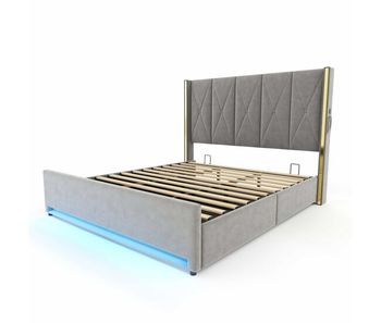Cama de terciopelo 180×200 cm - cabecero alto, acolchado y tapizado, bolsillos laterales, usb & led, sistema hidráulico, gran almacenamiento bajo la cama - gris oscuro