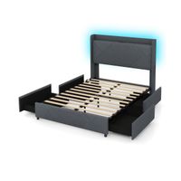 costway marco de cama con lamas y led con estacion de carga usb 4 cajones plegables control remoto 223 x 167 x 122 cm gris