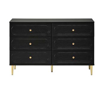 Aparador 120 cm - 6 cajones, hendiduras ovaladas, patas metálicas, armario de almacenamiento moderno para salón - negro