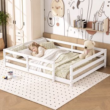 Cama Montessori De Suelo De 140x200 Cm, Pino Blanco.