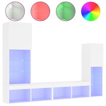 4 Uds Muebles Tv De Pared | Mueble De Salón | Armario Tv Con Led Madera Ingeniería Blanco