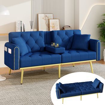 Sofá Cama - Mueble Para Salón - Terciopelo - Azul (175x80x73.5cm)