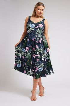 Yours London Vestido Azul Oscuro Con Flores De Tirantes Gruesos, Mujer Curvy Y Tallas Grandes, Yours London