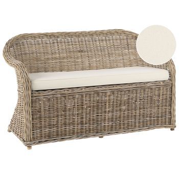 Banco Boho Para Jardín Interior Y Exterior 141 Cm Ratán Cojines De Tela Blanco Crema Natural Susua