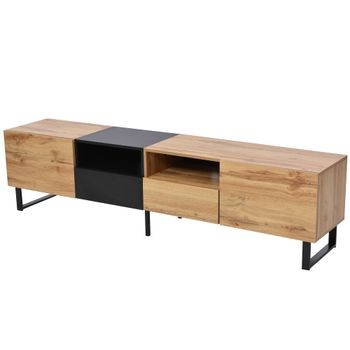Mueble TV negro y madera con espacio de almacenamiento.