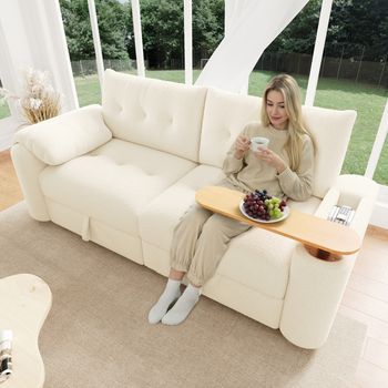 Sofá De 3 Plazas Con Compartimento De Almacenaje Y Mesa Auxiliar - 207,5 X 80 X 87 Cm - Tejido De Felpa - Beige