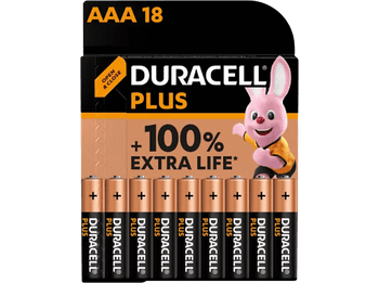 Pilas AAA - Duracell PLUS MN2400 LR03 / LR3, Alcalinas , 1.5 V, Paquete de 18 pilas, Negro