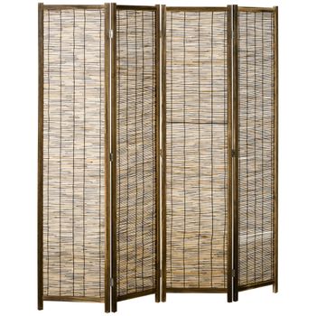 HOMCOM Biombo de 4 Paneles Plegable 160x1,8x170 cm Separador de Ambientes de Madera y Carrizo Natural   Aosom España
