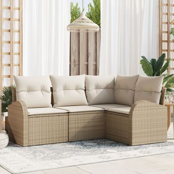 Juego De Sofá De Jardín De 4 Piezas Con Cojines Beige Ratán Poliéster V6071 Unico / Beige