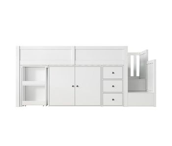 Cama alta infantil + 90*200 - multifuncional, escritorio extensible, estante lateral, armario, cajón, escalera con armario - blanco