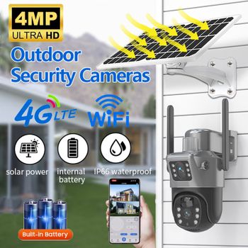 Cámara Solar 4MP 4G WIFI de Doble Lente y Doble Pantalla, Cámara IP PTZ Inalámbrica para Exteriores con Panel Solar, Cámara de Vigilancia de Seguridad