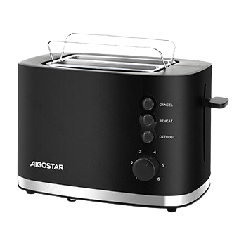 Aigostar Energy - Tostadora de 2 Ranuras con Rejilla Calientabollos Incorporada, Ranuras Extra Anchas, 6 Niveles de Tostado, 3 Funciones, Descongelación, Bandeja Recogemigas, 800W, Libre de BPA, Negro