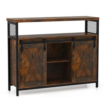 Costway Gabinete con Almacenamiento Estantes Ajustables de 3 Niveles Puertas Corredizas de Granero Compartimentos Abiertos para Cocina Marrón