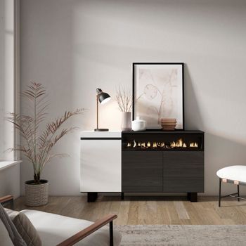 Aparador efecto madera blanco y negro 150x35x87 chimenea efecto fuego