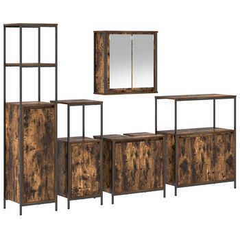 Juego De Muebles De Baño | Armario De Baño Con Puerta 5 Piezas Roble Ahumado Y Negro