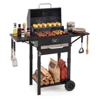 costway barbacoa de carbon portatil con tapa ruedas 2 mesitas doble rejilla 6 ganchos termometro para camping picnic 110 x 435 x 1045 cm negro plata
