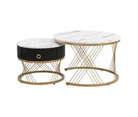 mesa de centro apilable 2 piezas - marmoroptik detalles dorados con cajones