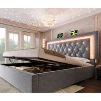 cama doble 140x200 cm - led - carga usb y tipo c - espacio de almacenamiento hidraulico - terciopelo - gris