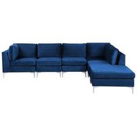sofa esquinero 5 plazas de terciopelo azul marino izquierdo con otomana asiento patas metal evja