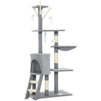 pawhut arbol rascador para gatos altura 134 cm con 6 postes 3 plataformas cueva hamaca escalera 4 juguetes colgantes gris