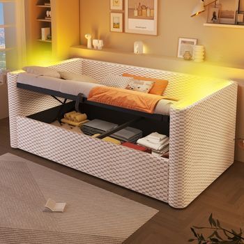 Cama Sofá Con Iluminación Led, Mecanismo De Almacenamiento Hidráulico, Somier De Lamas, Terciopelo Beige, 90x200 Cm