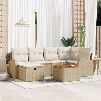 Conjunto De Sofás De Jardín De 7 Piezas Con Cojines Beige De Poliratán V7157 Unico / Beige
